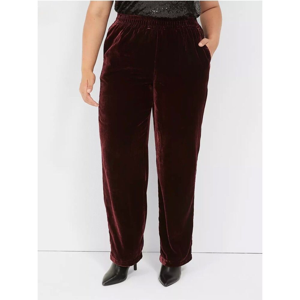 NWT - LANE BRYANT Pull On Velvet Straight Leg Pants, Deep Cranberry, Sz 26